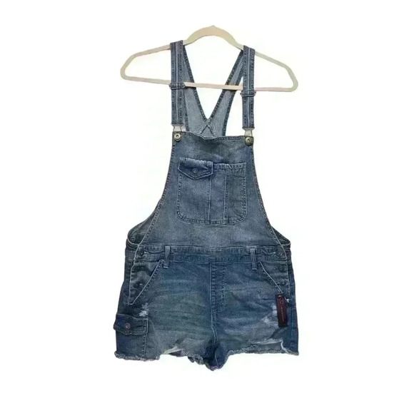 NWT No Boundaries Denim Overall Shorts Distressed Cutoffs Medium Wash *Read* - Picture 1 of 15